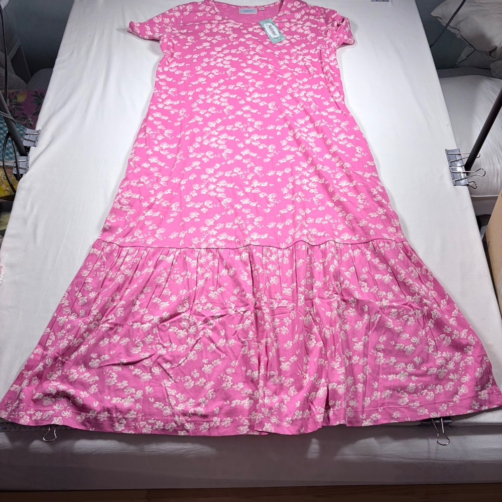 National Pink Floral MuuMuu‎ Housedress Short Sleeve Tiered Pockets Medium NWT